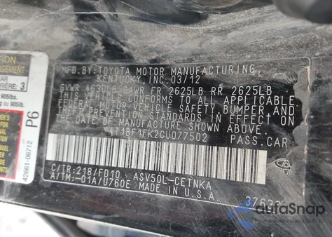 2012 Toyota Camry Le from USA, damaged, VIN 4T1BF1FK2CU077502